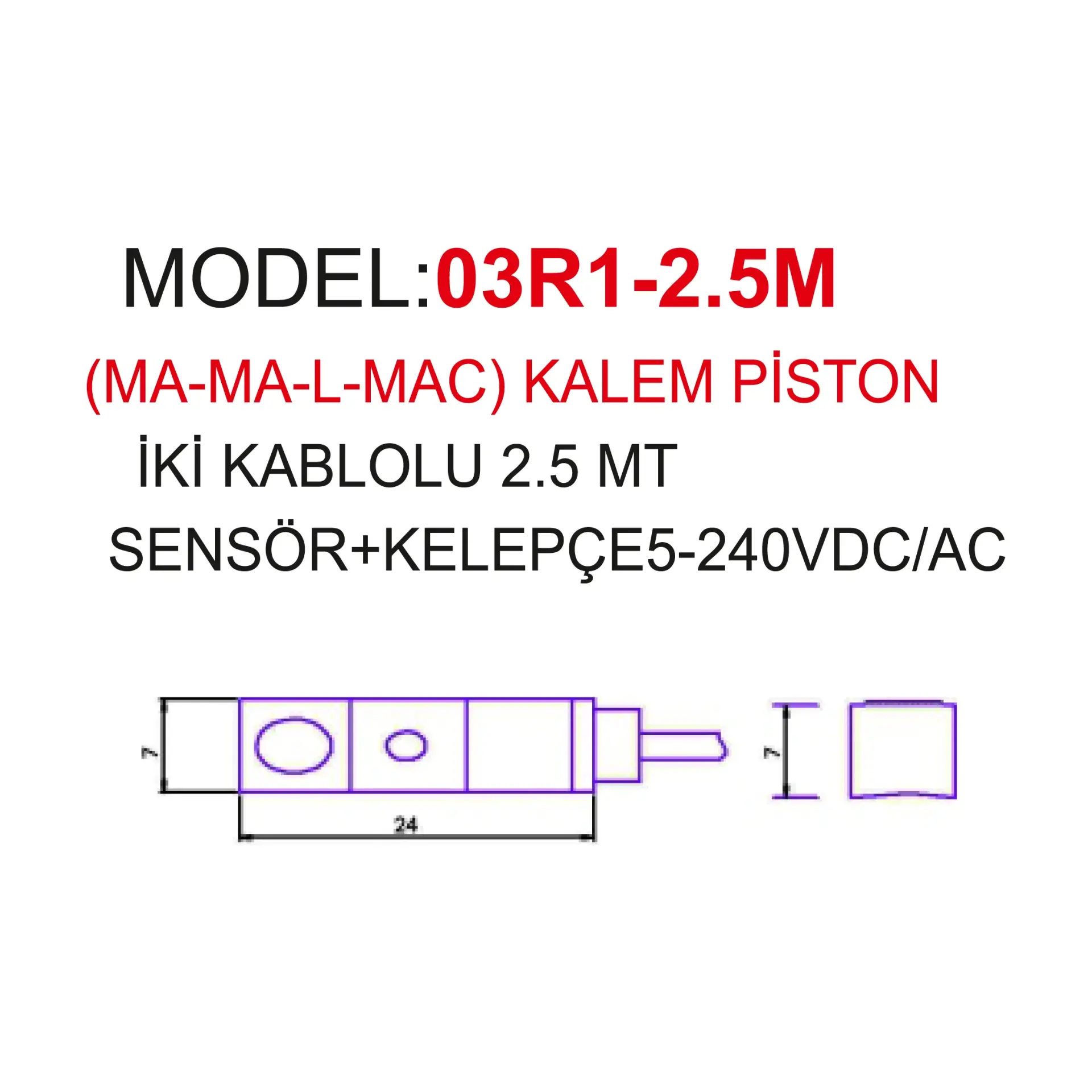2,5 MT  İKİ KABLOLU SENSÖR+KELEPÇE.(MA-MA-L MAC)